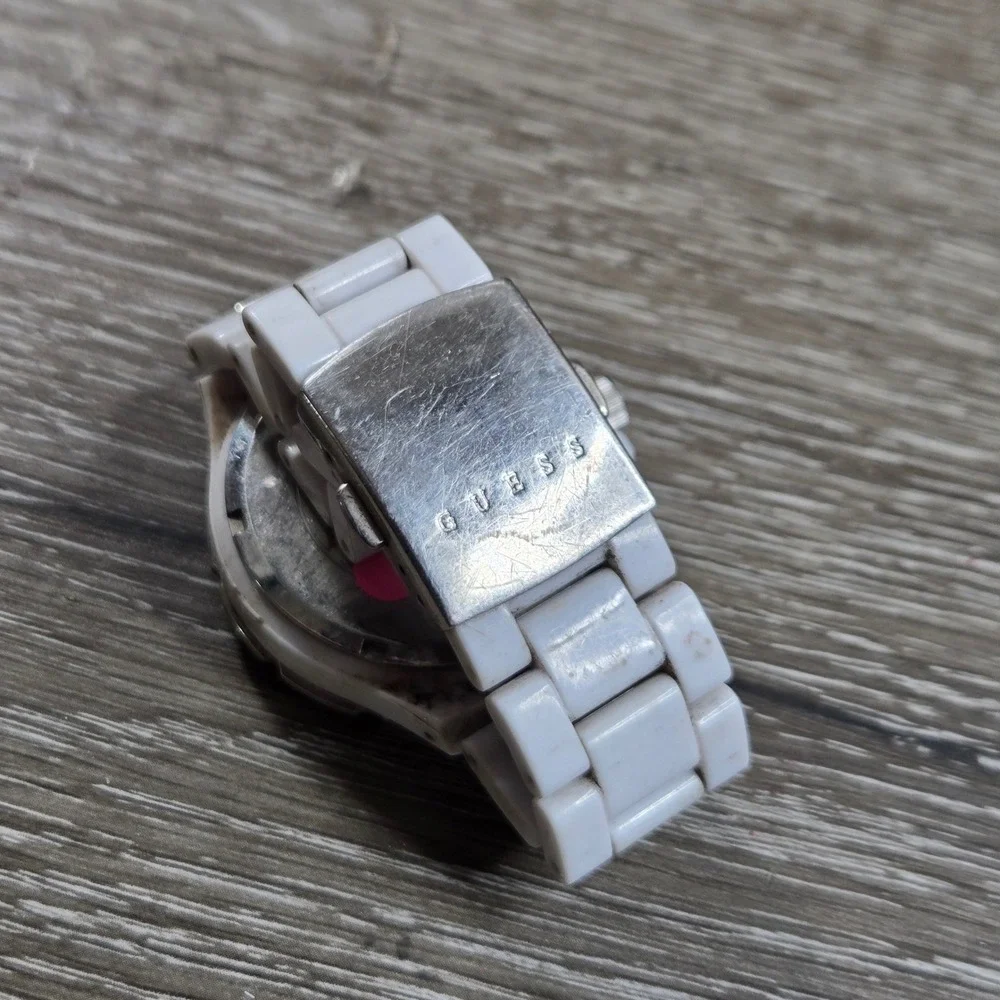 GUESS Women's Watch 40mm White Dial White Resin Crystal Accent Needs Service